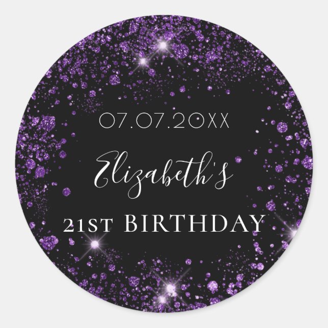 Sticker Rond Anniversaire noir pourpre parties scintillant nom  (Devant)