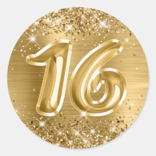 Sticker Rond Anniversaire Numéro 16 Feuille D'Or Pailleté