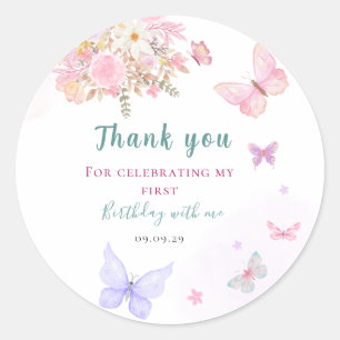 Sticker Rond Anniversaire papillon rose pastel
