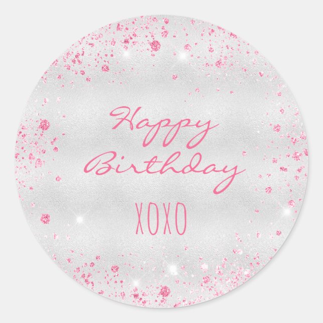Sticker Rond Anniversaire parties scintillant rose argent embra (Devant)