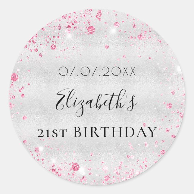 Sticker Rond Anniversaire parties scintillant rose argent nom d (Devant)