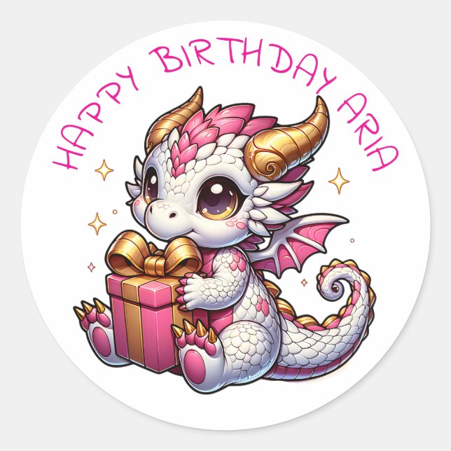 Sticker Rond Anniversaire personnalisé de la fille Dragon Rose  (Devant)