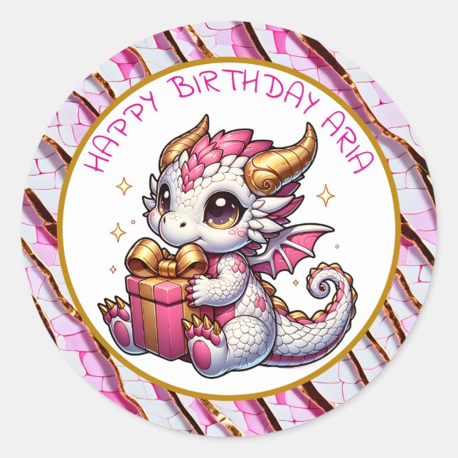 Sticker Rond Anniversaire personnalisé de la fille Dragon Rose  (Devant)