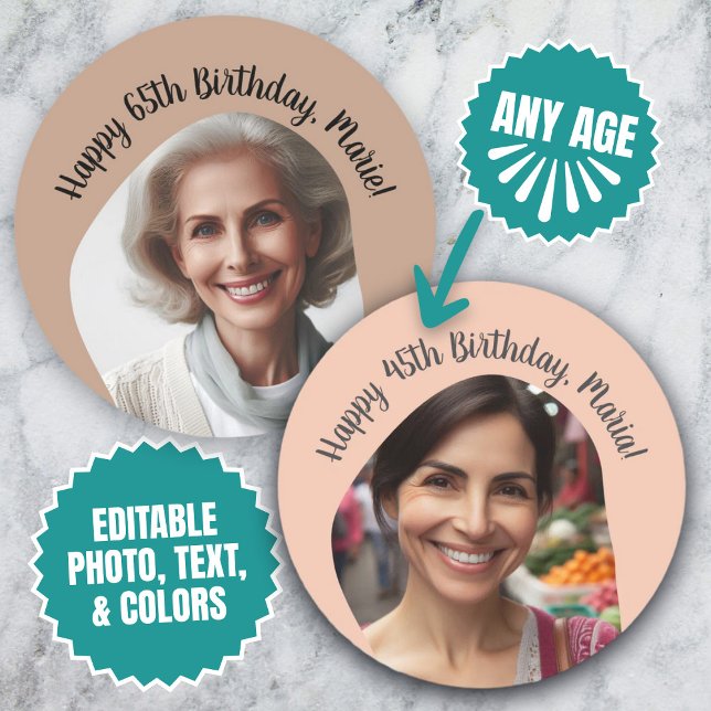 Sticker Rond Anniversaire Personnalisé Nom photo Tout âge Perso (Personalized Birthday Photo Name Any Age Custom Classic Round Sticker)