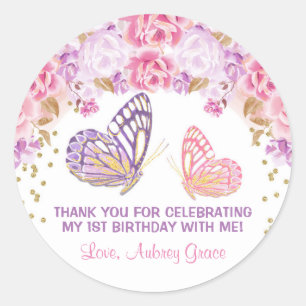 Sticker Rond Anniversaire pourpre d'aquarelle de papillon d'or