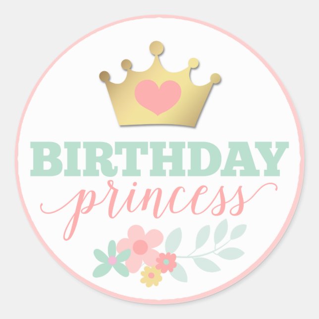 Sticker Rond Anniversaire Princess Gold Crown & Shabby Pink Flo (Devant)