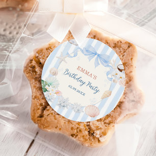 Sticker Rond Anniversaire rayures bleues et blanches coquillage