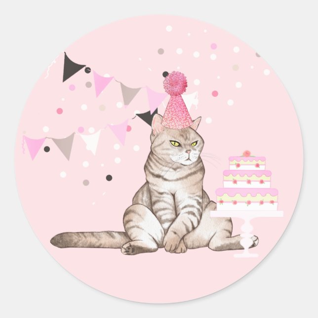 Sticker Rond Anniversaire rose fête des chats (Devant)