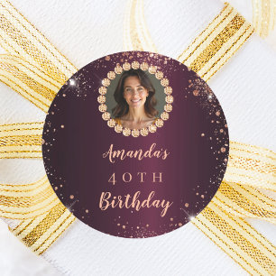 Sticker Rond Anniversaire rose gold burgundy photo diamants