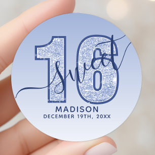 Sticker Rond Anniversaire Sweet 16 écriture pailletée bleu mari