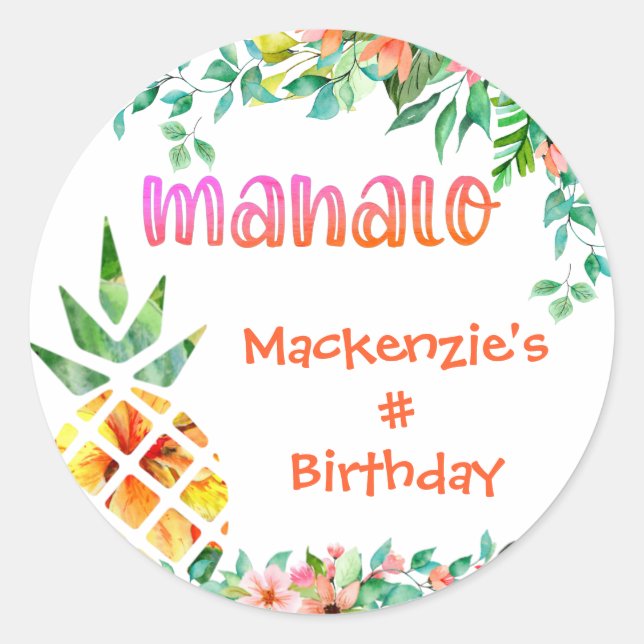 Sticker Rond Anniversaire tropical MAHALO Merci ananas (Devant)