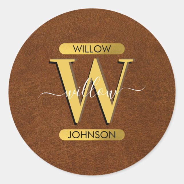 Sticker Rond Antique Faux Cuir & Or Monogramme (Devant)