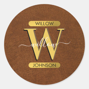Sticker Rond Antique Faux Cuir & Or Monogramme