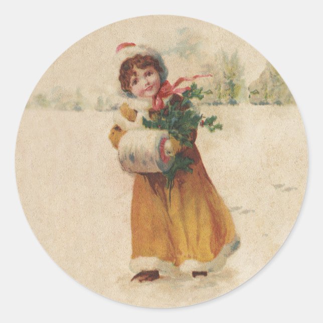 Sticker Rond Antique Fille de Noël Enfant d'hiver (Devant)