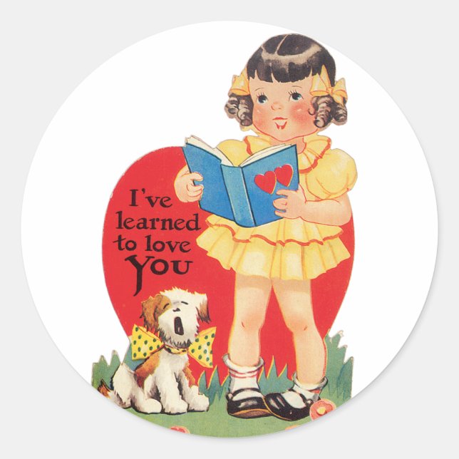 Sticker Rond Antique Valentine fille avec chiot (Devant)