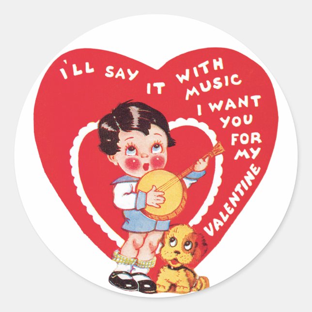 Sticker Rond Antique Valentine fille avec chiot (Devant)