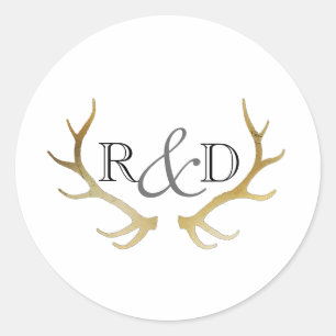 Sticker Rond Antler en or rustique   Mariage initial élégant