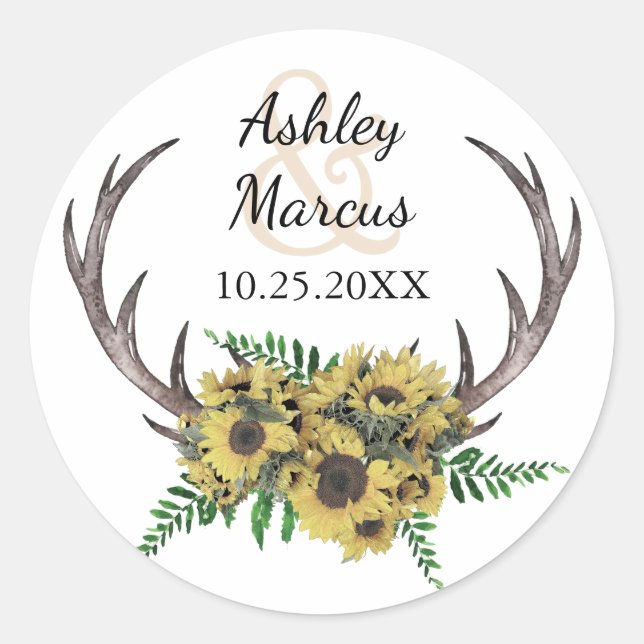 Sticker Rond Antlers rustiques Boho Sunflowers Mariage (Devant)