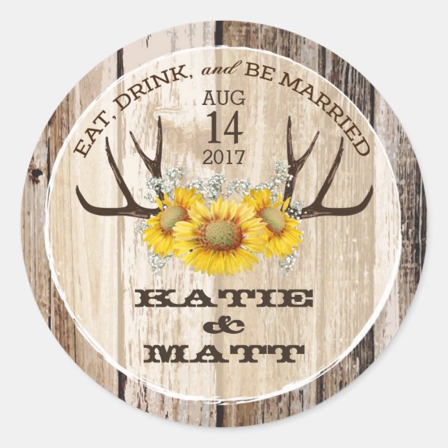 Sticker Rond Antlers rustiques Fleurs de soleil Mariage de pays (Devant)