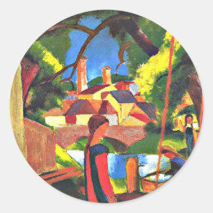 Sticker Rond Août Macke peinture, Enfants à la Fontaine,