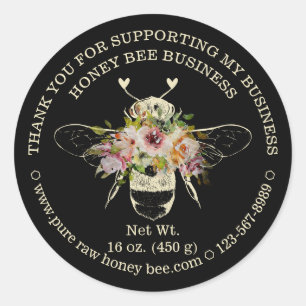 Sticker Rond Apiary Noir Abeille de Miel avec Merci de coeur
