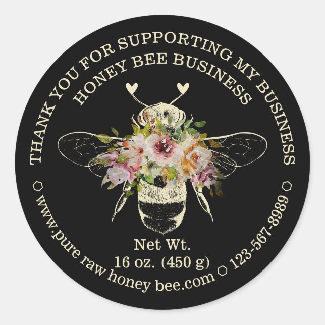 Sticker Rond Apiary Noir Abeille de Miel avec Merci de coeur (Devant)