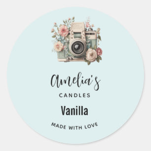 Sticker Rond Appareil photo avec Fleurs Rétro Pastel Bougie Ent