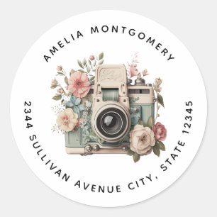 Sticker Rond Appareil photo avec image rétro pastel de fleurs -