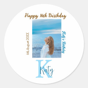 Sticker Rond Aqua bleu brun heureux nom de la photo 16e anniver