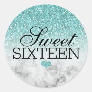 Sticker Rond Aqua Blue Faux Parties scintillant/Marble Sweet 16