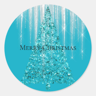 Sticker Rond Aqua Blue Icicles Sparkle Christmas Tree