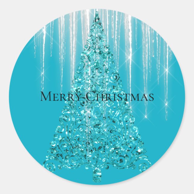Sticker Rond Aqua Blue Icicles Sparkle Christmas Tree (Devant)
