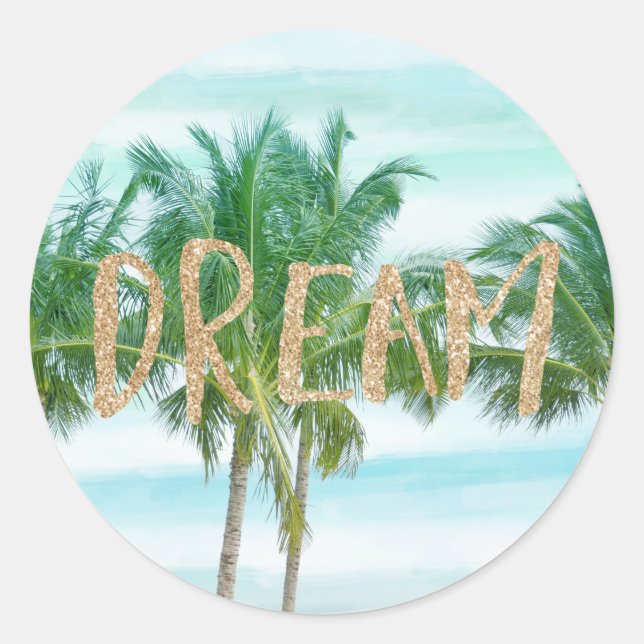 Sticker Rond Aqua Blue Mint White Palm Trees Parties scintillan (Devant)