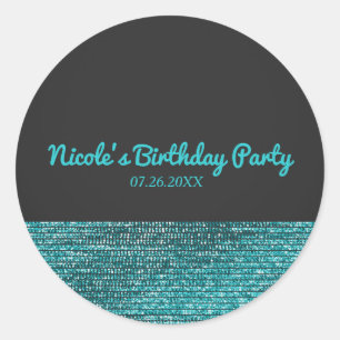 Sticker Rond Aqua Blue Moderne Glamour Paillettes Faveur de fêt