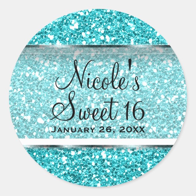 Sticker Rond Aqua Blue Parties scintillant Glam Sweet 16 Custom (Devant)