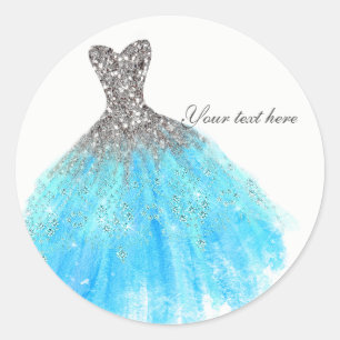 Sticker Rond Aqua Blue Silver Parties scintillant Glam Dress Pa