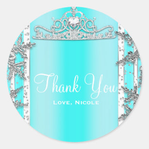 Sticker Rond Aqua Blue & Silver Winter Snowflakes Sweet 16