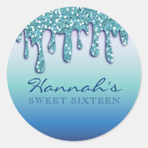 Sticker Rond Aqua Blue Sparkle Drippy Party Swag