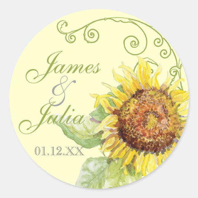 Sticker Rond Aqua Blue Sunflower Floral Swirl Mariage moderne (Devant)