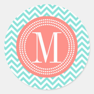 Sticker Rond Aqua Chevron Zigzag Personnalisé Monogramme