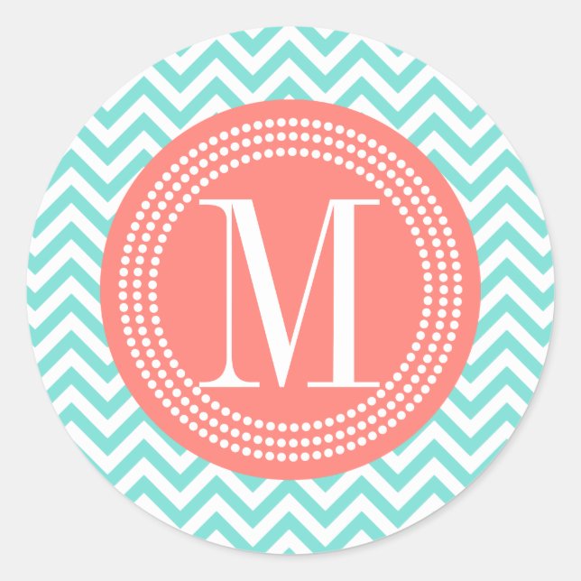 Sticker Rond Aqua Chevron Zigzag Personnalisé Monogramme (Devant)
