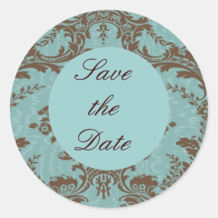 Sticker Rond Aqua Chocolate Damask Enregistrer la date