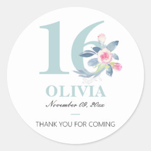 STICKER ROND AQUA DOUX BLEU BLEU FLORAL 16E TOUT ÂGE ANNIVERSAI