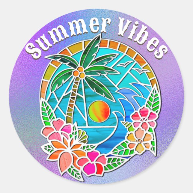 Sticker Rond Aqua et Gold Ocean Palm Tree Paysage d'été (Devant)