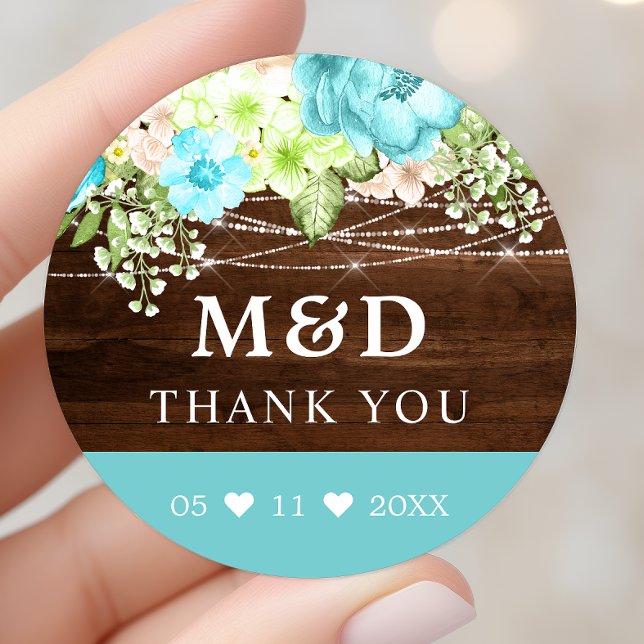 Sticker Rond Aqua Floral Lights Rustic Merci Mariage (Créateur téléchargé)