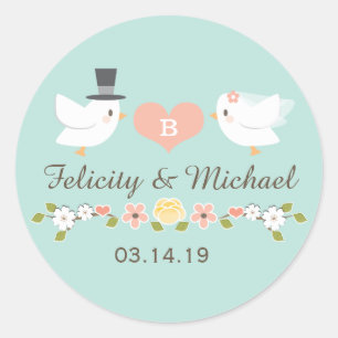 STICKER ROND AQUA MONOGRAMMED DOVE INSÉPARABLES MARIAGE