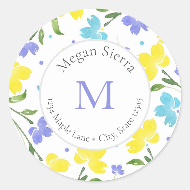 Sticker Rond Aqua Periwinkle & Fleurs d'aquarelle jaune étiquet (Devant)