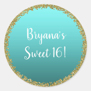 Sticker Rond Aqua Sarcelle Doré Paillettes Glamour Étincelle Fê