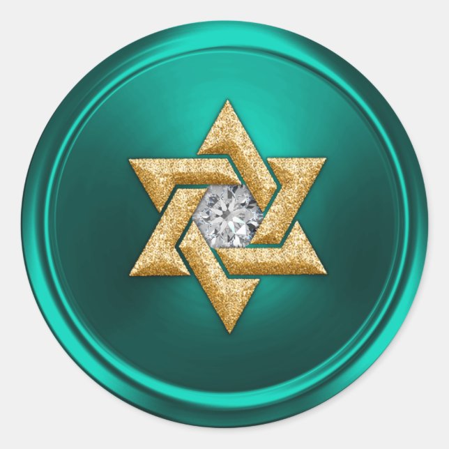 Sticker Rond Aqua Turquoise Green et Gold Star de David (Devant)