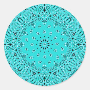 Sticker Rond Aqua Turquoise Paisley Western Bandana Scarf Impri